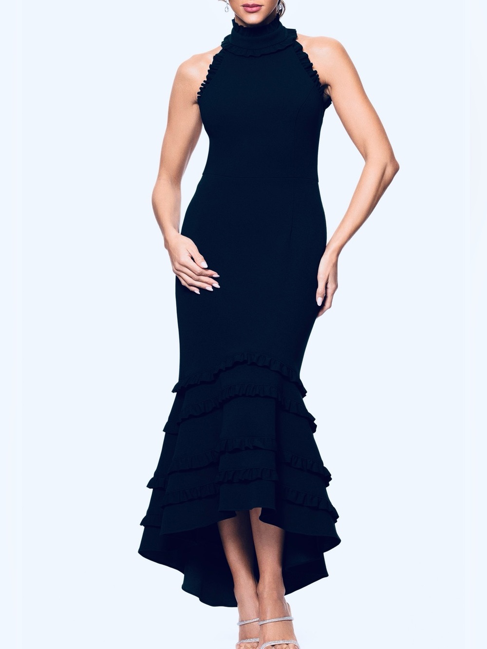 Black Size 10 Navy Blue Open Back Tiered Ruffle Hi Low Gown Dress
